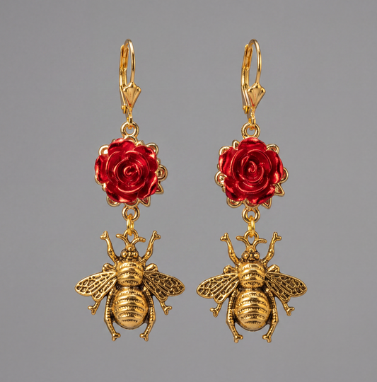 Boucles d'oreilles abeille rose fleur en métal doré