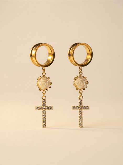 THERESE - écarteurs dorés mariage rose romantique croix religieuse 6mm à 38mm