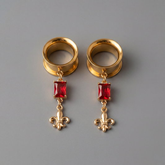 LEON - écarteurs dorés homme lys chevalier rubis 6mm à 38mm