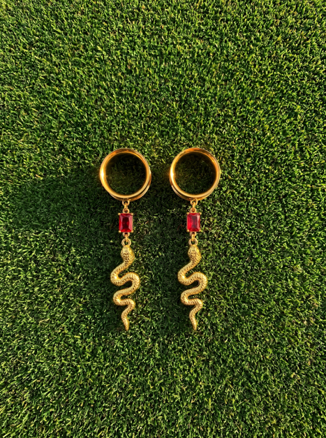 KAREN - Red Ruby Gold Snake Ear Plugs 6mm to 38mm