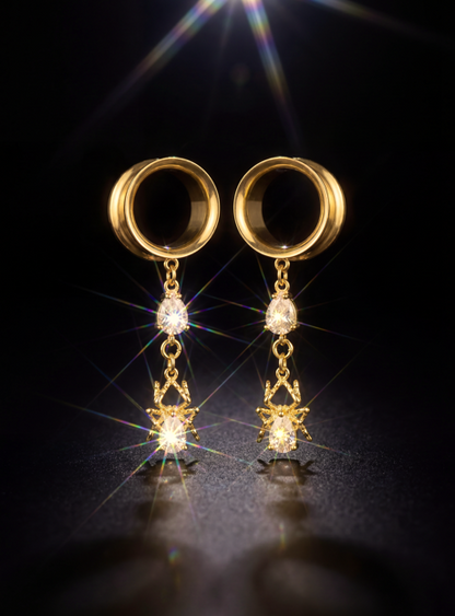 MARA - chic diamond spider gold ear tunnels 6mm to 38mm