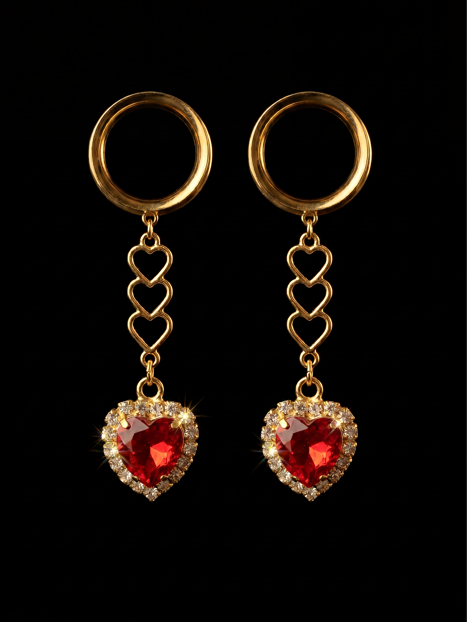 MARILYN - fiery red heart ruby diamond ear tunnels 6mm to 38mm