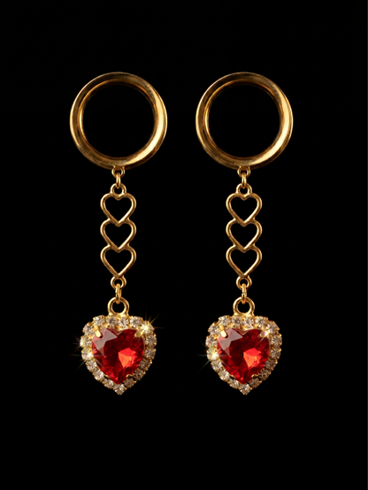 MARILYN - fiery red heart ruby diamond ear tunnels 6mm to 38mm