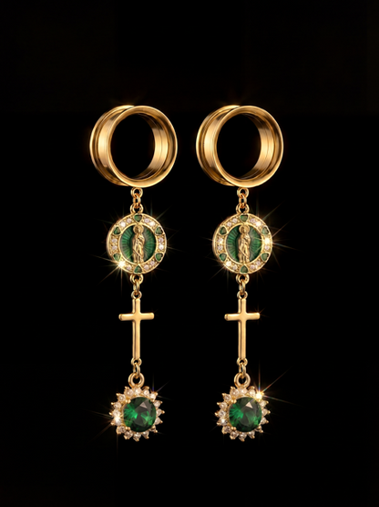 LUCETTE - Virgin Mary green religious golden ear gauges 6mm to 38mm