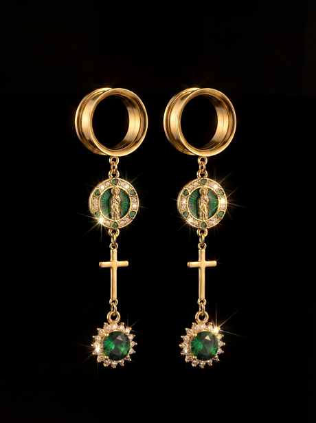 LUCETTE - Virgin Mary green religious golden ear gauges 6mm to 38mm