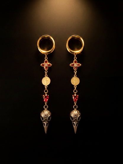 JESSIE - raven gold ear gauges ruby dangles 6mm to 38mm