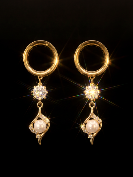 SABINE - Gold ear gauges wedding diamond 6mm to 38mm cultured pearl