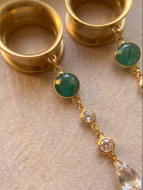 LOUISON - écarteurs sillimanite émeraude, oxyde de zirconium, argent 925 doré à l'or fin 24K