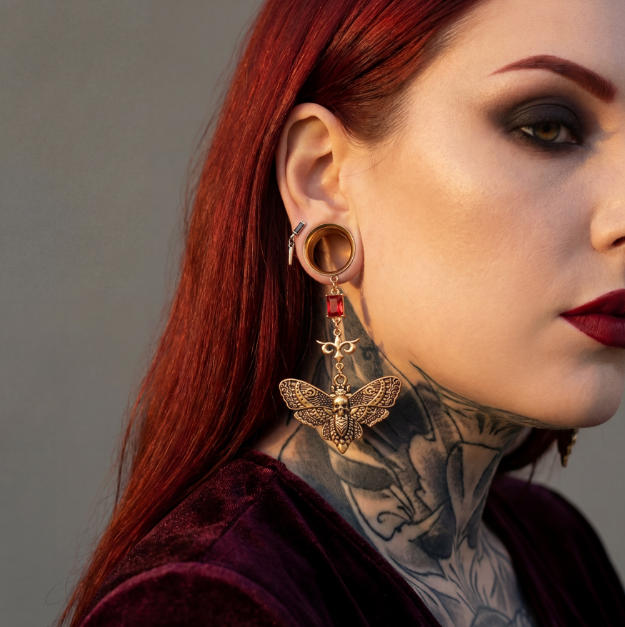 MARJORIE - écarteurs papillon rubis rouge goth moth 6mm à 38mm