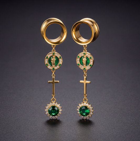 LUCETTE - écarteurs dorés vierge verte religieuse 6mm à 38mm