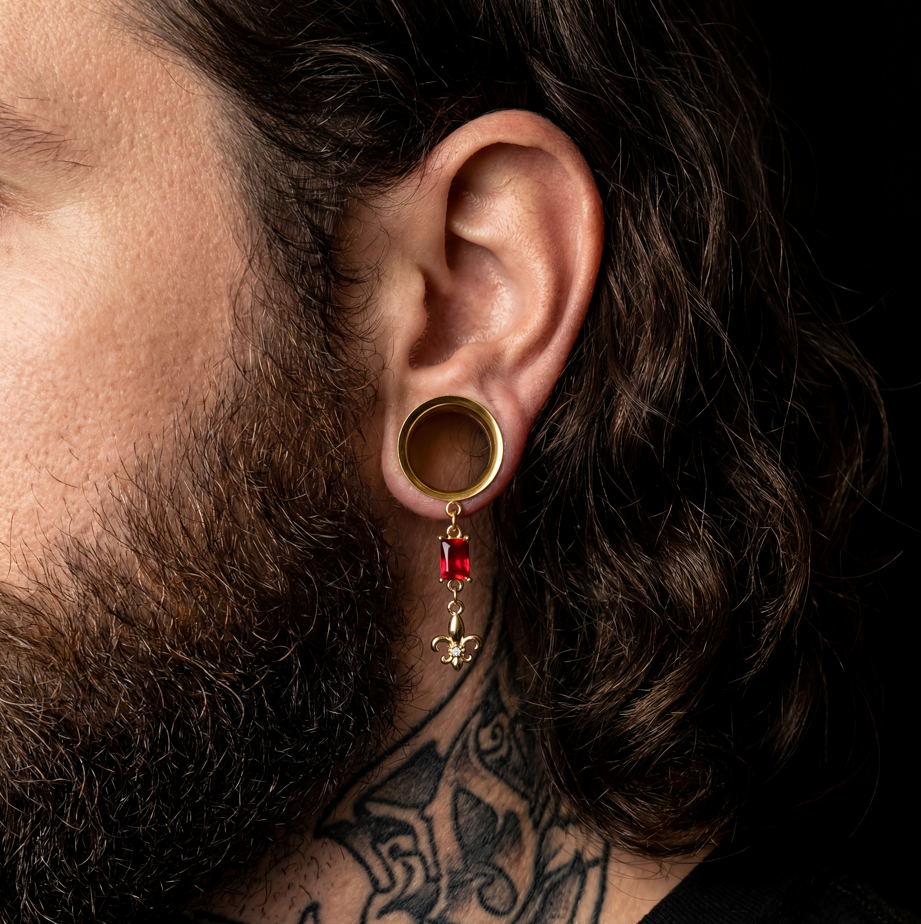 LEON - écarteurs dorés homme lys chevalier rubis 6mm à 38mm