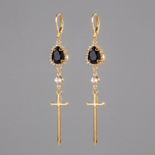 GERMAINE - Boucles d'oreilles dorées épée médiévale saphir