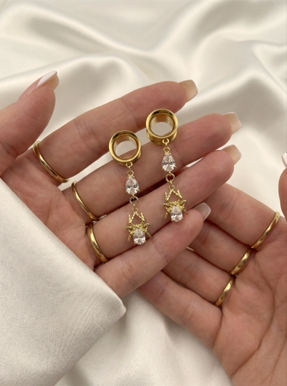 MARA - chic diamond spider gold ear tunnels 6mm to 38mm