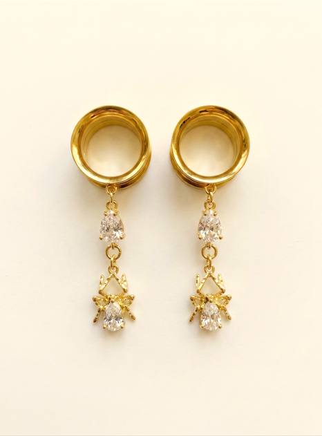 MARA - chic diamond spider gold ear tunnels 6mm to 38mm