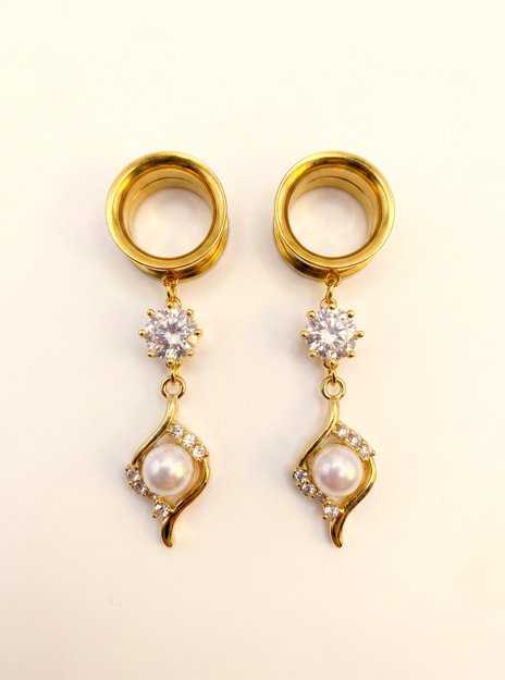 SABINE - Gold ear gauges wedding diamond 6mm to 38mm cultured pearl