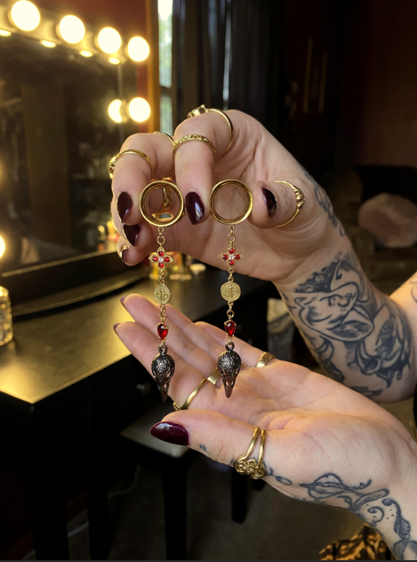 JESSIE - raven gold ear gauges ruby dangles 6mm to 38mm