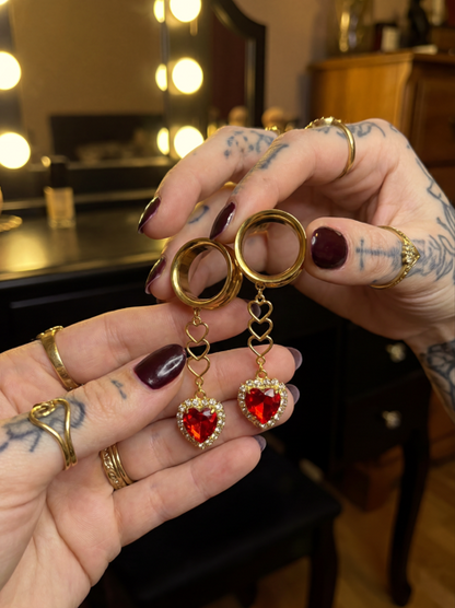 MARILYN - fiery red heart ruby diamond ear tunnels 6mm to 38mm