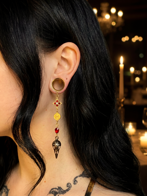 JESSIE - raven gold ear gauges ruby dangles 6mm to 38mm