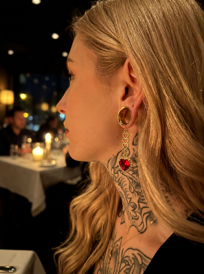 MARILYN - fiery red heart ruby diamond ear tunnels 6mm to 38mm