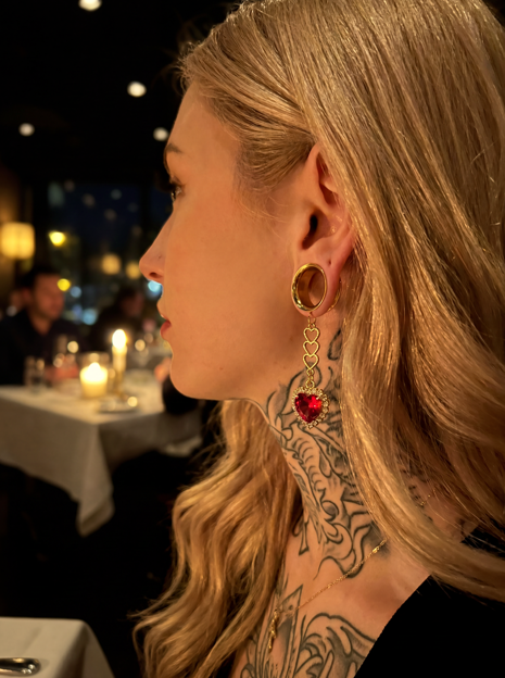 MARILYN - fiery red heart ruby diamond ear tunnels 6mm to 38mm