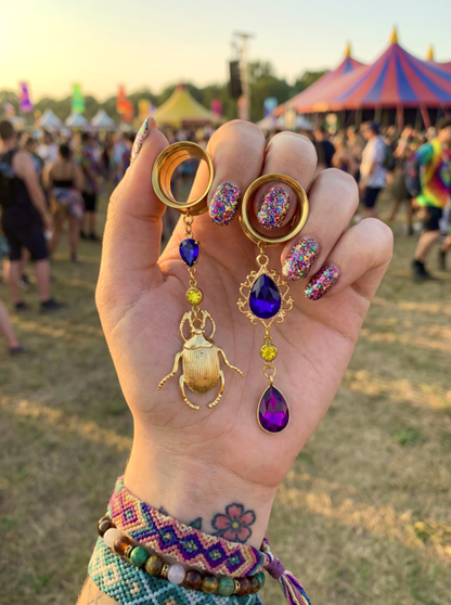 HELOISE - écarteurs dorés scarabée festival coloré bleu violet relique 6mm à 38mm