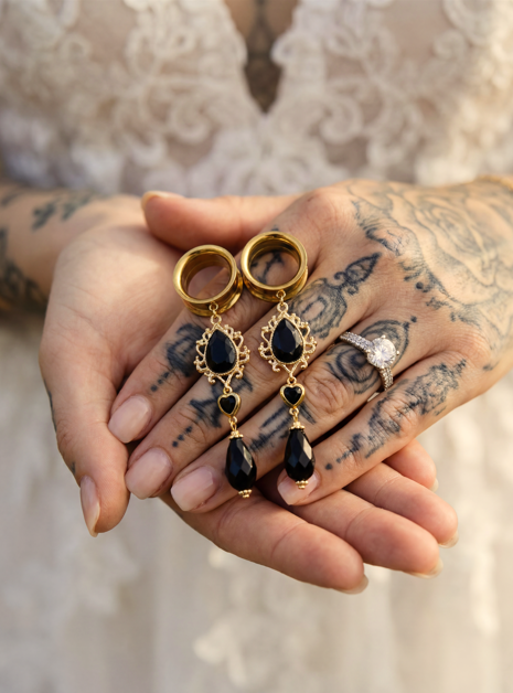 ALIENOR - écarteurs baroque mariage noir chic 6mm à 38mm