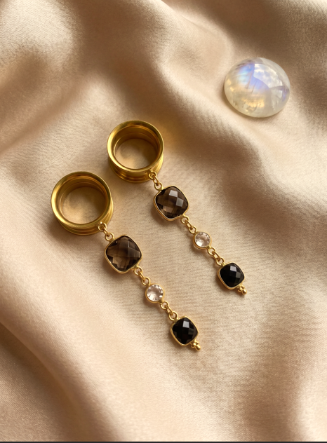 AURIA - écarteurs quartz fumé, onyx, argent 925 doré à l'or fin 24K