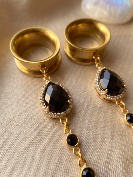 MORTICIA - écarteurs agate noire, onyx, argent 925 doré à l'or fin 24K