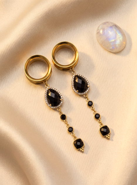 MORTICIA - écarteurs agate noire, onyx, argent 925 doré à l'or fin 24K