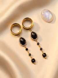 MORTICIA - écarteurs agate noire, onyx, argent 925 doré à l'or fin 24K