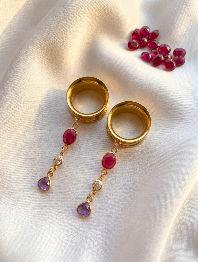 BELLE - 24k - écarteurs sillimanite rubis, améthyste, oxyde de zirconium, argent 925 doré à l'or fin 24K
