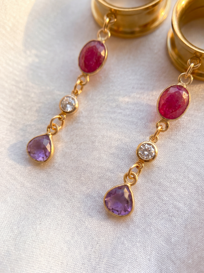 BELLE - 24k - écarteurs sillimanite rubis, améthyste, oxyde de zirconium, argent 925 doré à l'or fin 24K