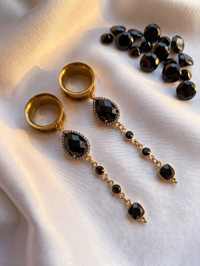 MORTICIA - 24k - écarteurs agate noire, onyx, argent 925 doré à l'or fin 24K