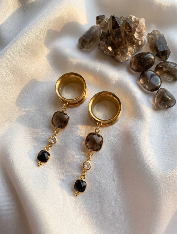 AURIA - 24k - écarteurs quartz fumé, onyx, argent 925 doré à l'or fin 24K