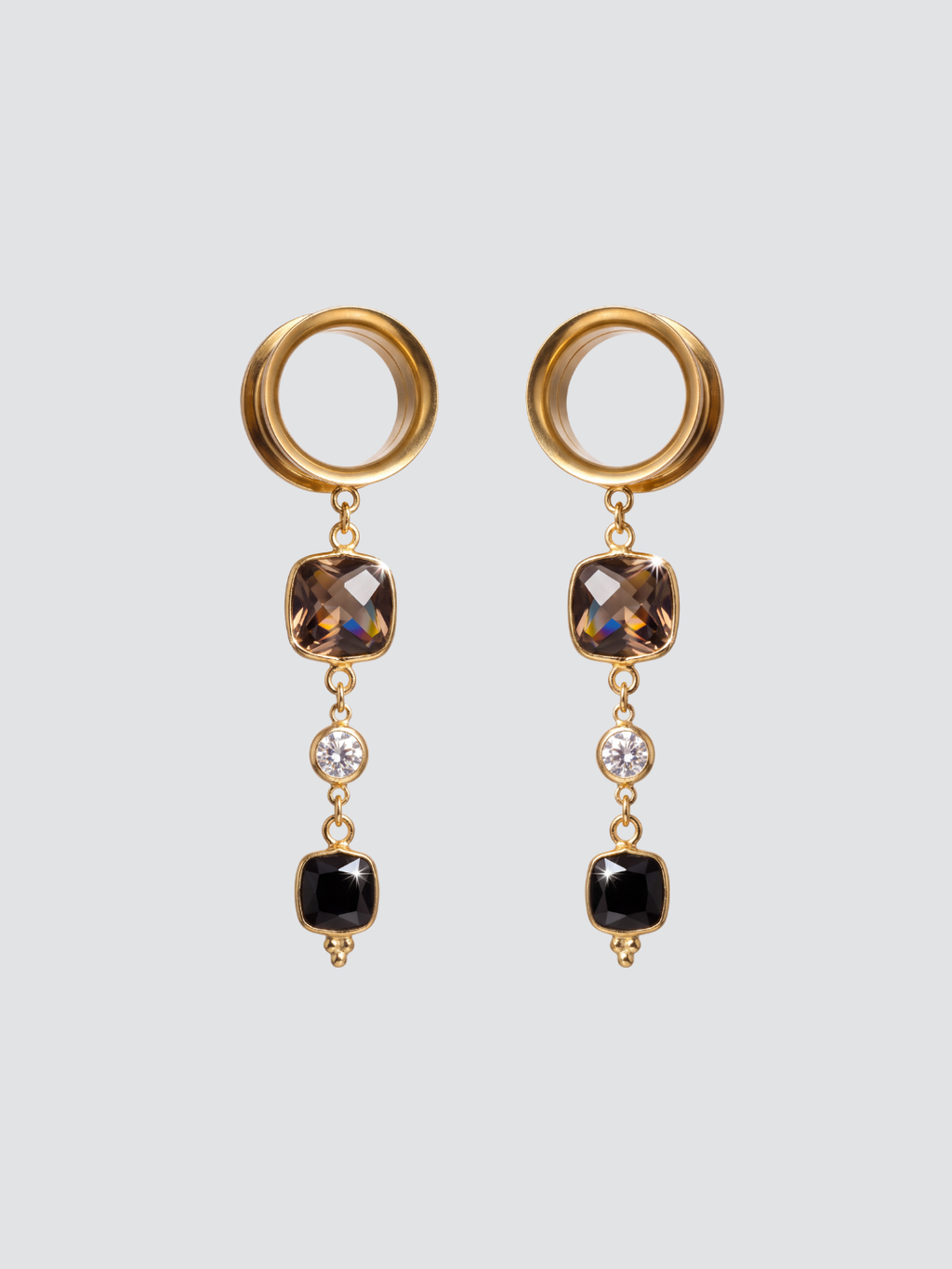 AURIA - 24k - écarteurs quartz fumé, onyx, argent 925 doré à l'or fin 24K