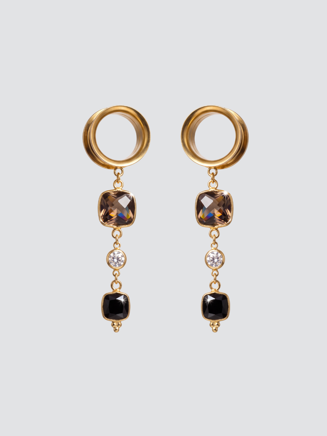 AURIA - 24k - écarteurs quartz fumé, onyx, argent 925 doré à l'or fin 24K