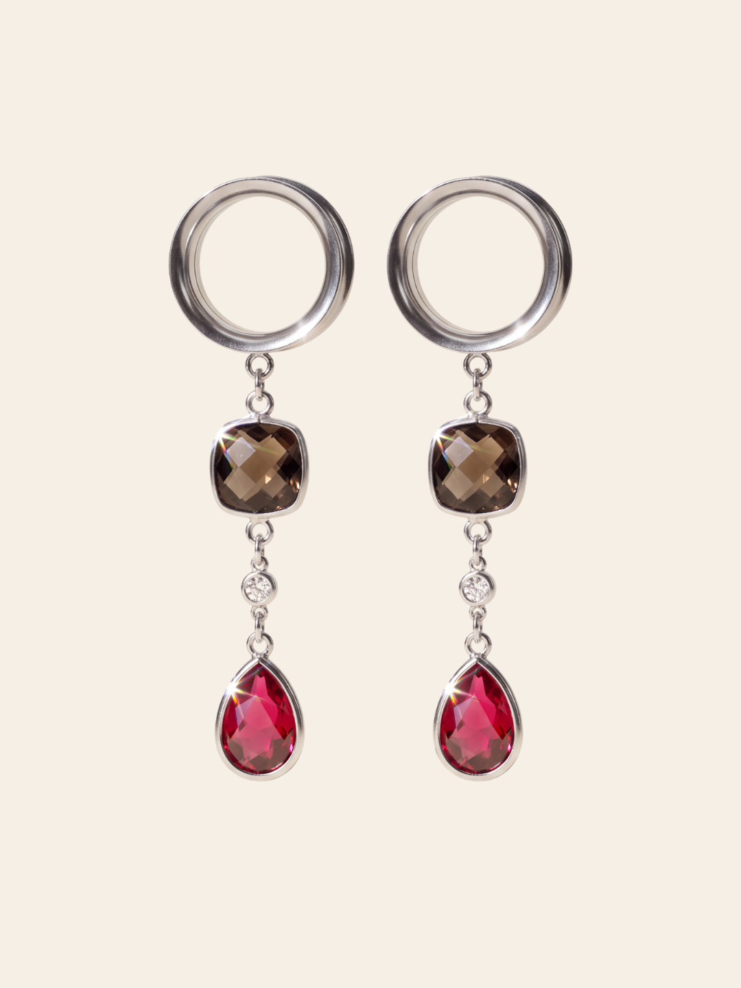 CLARA - Argent 925 - écarteurs quartz fumé, oxyde de zirconium rouge