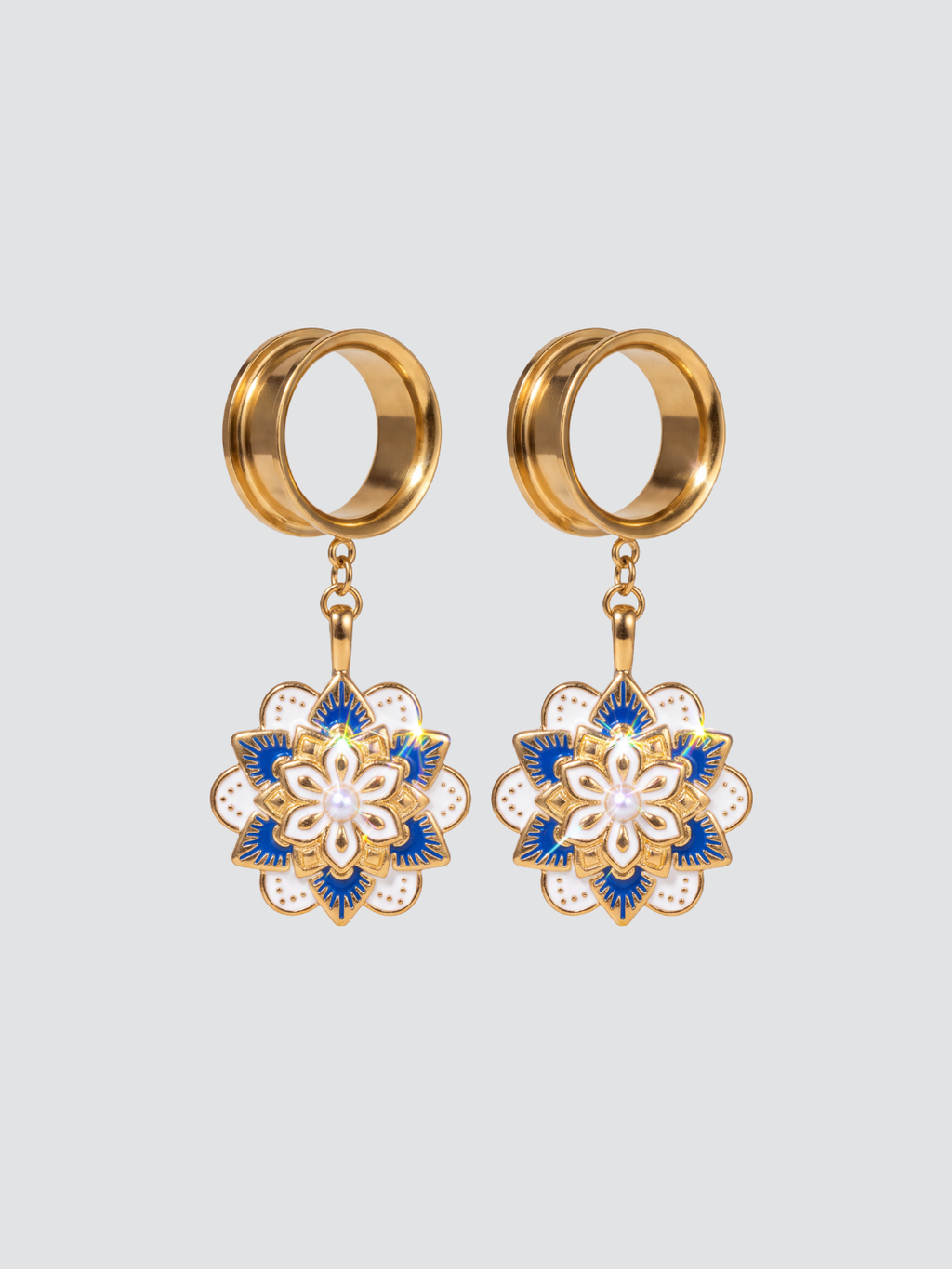 LAURELINE - écarteurs dorés fleur bleue et blanche