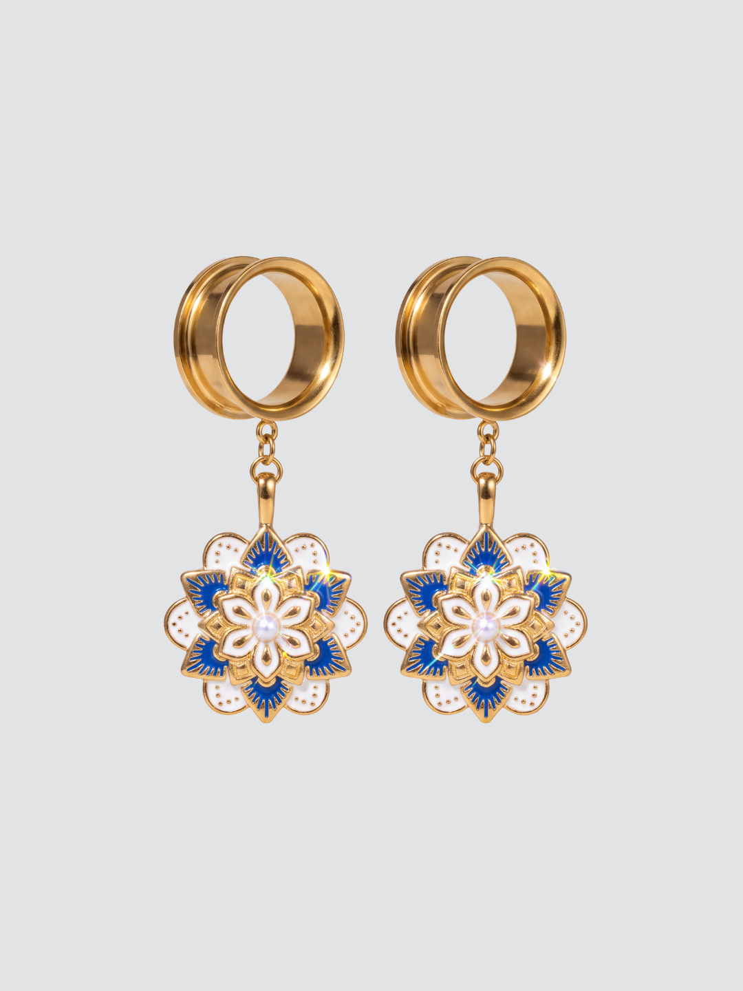 LAURELINE - écarteurs dorés fleur bleue et blanche
