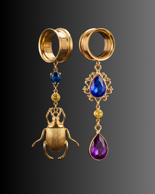 HELOISE - écarteurs dorés scarabée couleur bleu violet relique 6mm à 38mm