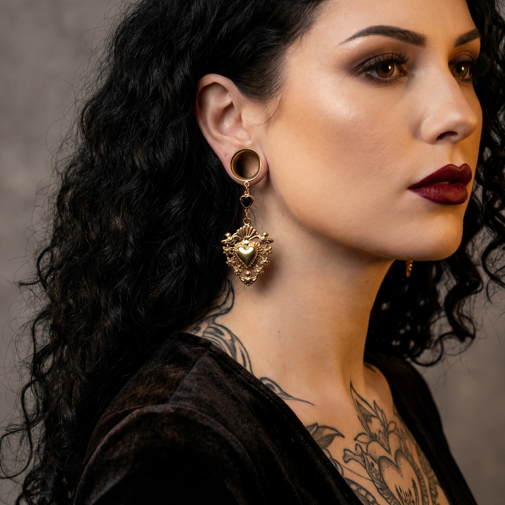 MORGANE – Écarteurs EX-Voto Noir Coeur Strass 6 à 38 mm