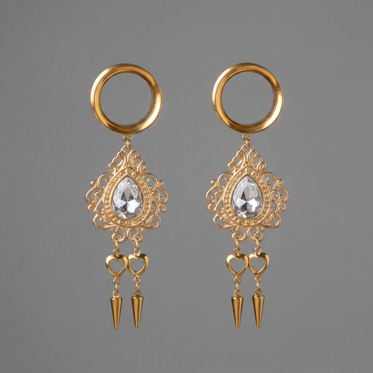 ANASTASIA - goldene Ohr-Tunnel und Plugs Hochzeit Barock Grau Diamant 6mm bis 38mm