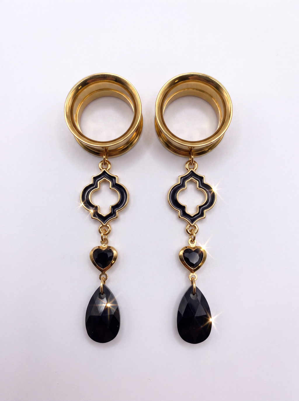 ISABEAU - écarteurs dorés baroque noir Swarovski 6mm à 38mm