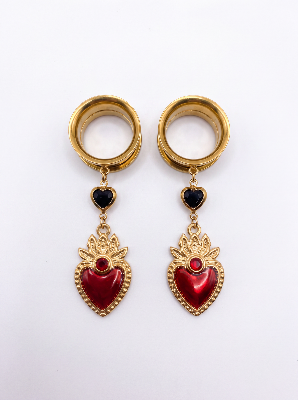 ROSEMONDE - écarteurs dorés ex voto rouge 6mm à 38mm