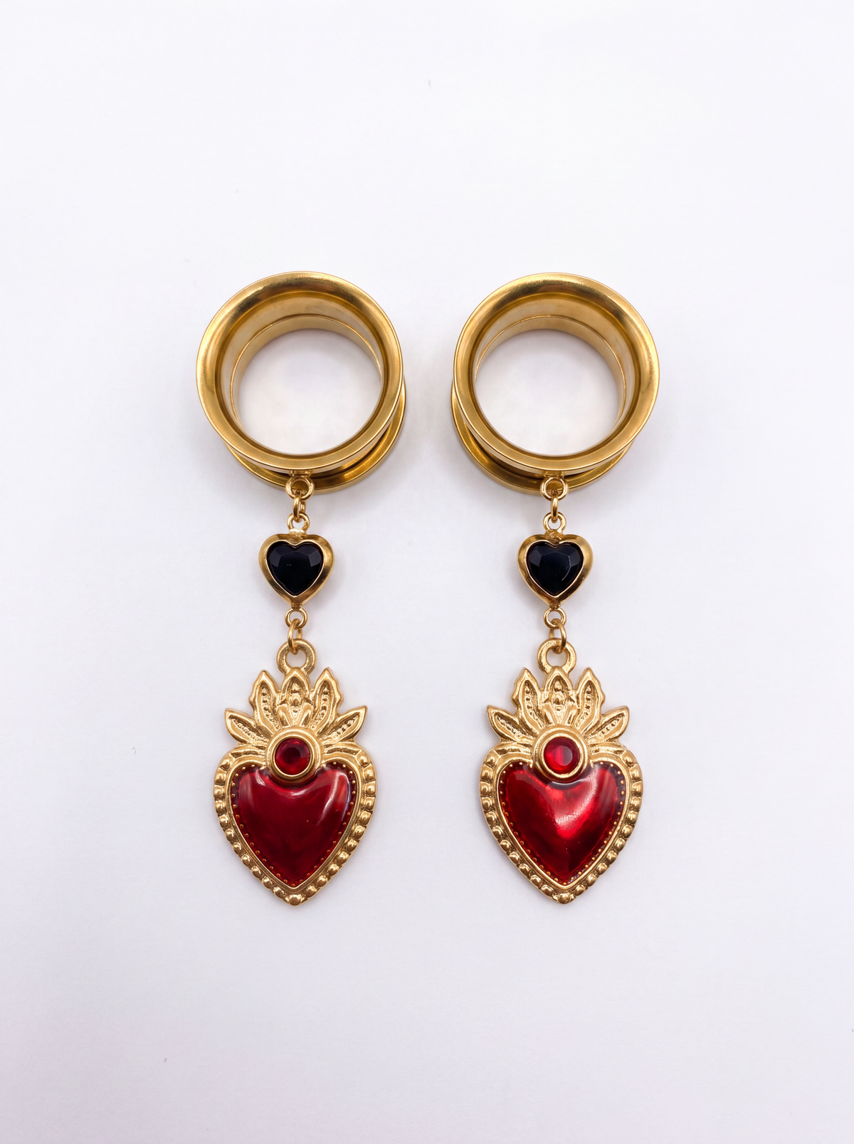 ROSEMONDE - écarteurs dorés ex voto rouge 6mm à 38mm