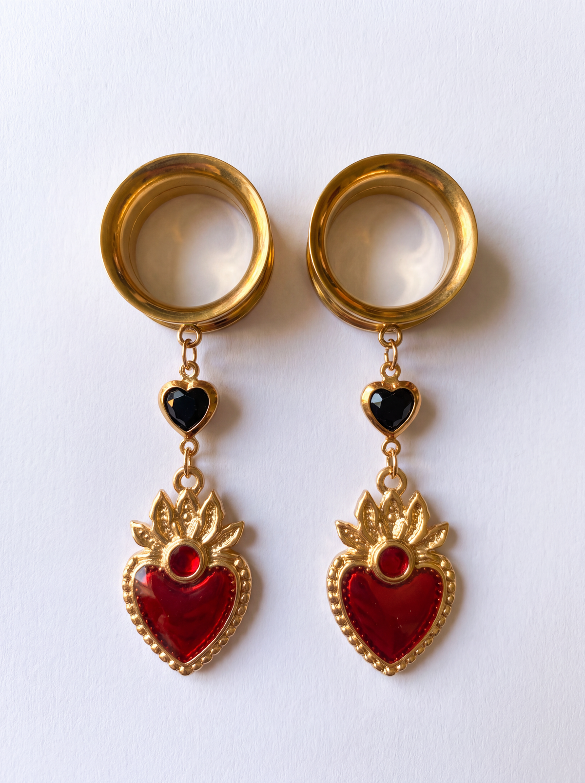 ROSEMONDE - écarteurs dorés ex voto rouge 6mm à 38mm