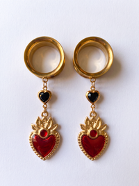 ROSEMONDE - écarteurs dorés ex voto rouge 6mm à 38mm