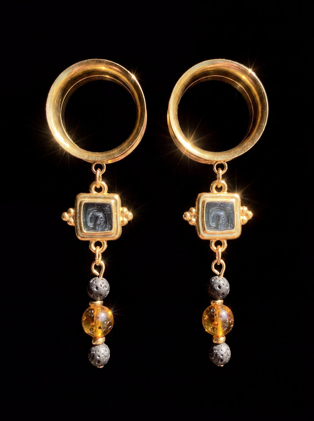 LULU - écarteurs dorés ambre, et pierres de lave 6mm à 38mm
