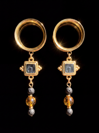 LULU - écarteurs dorés ambre, et pierres de lave 6mm à 38mm