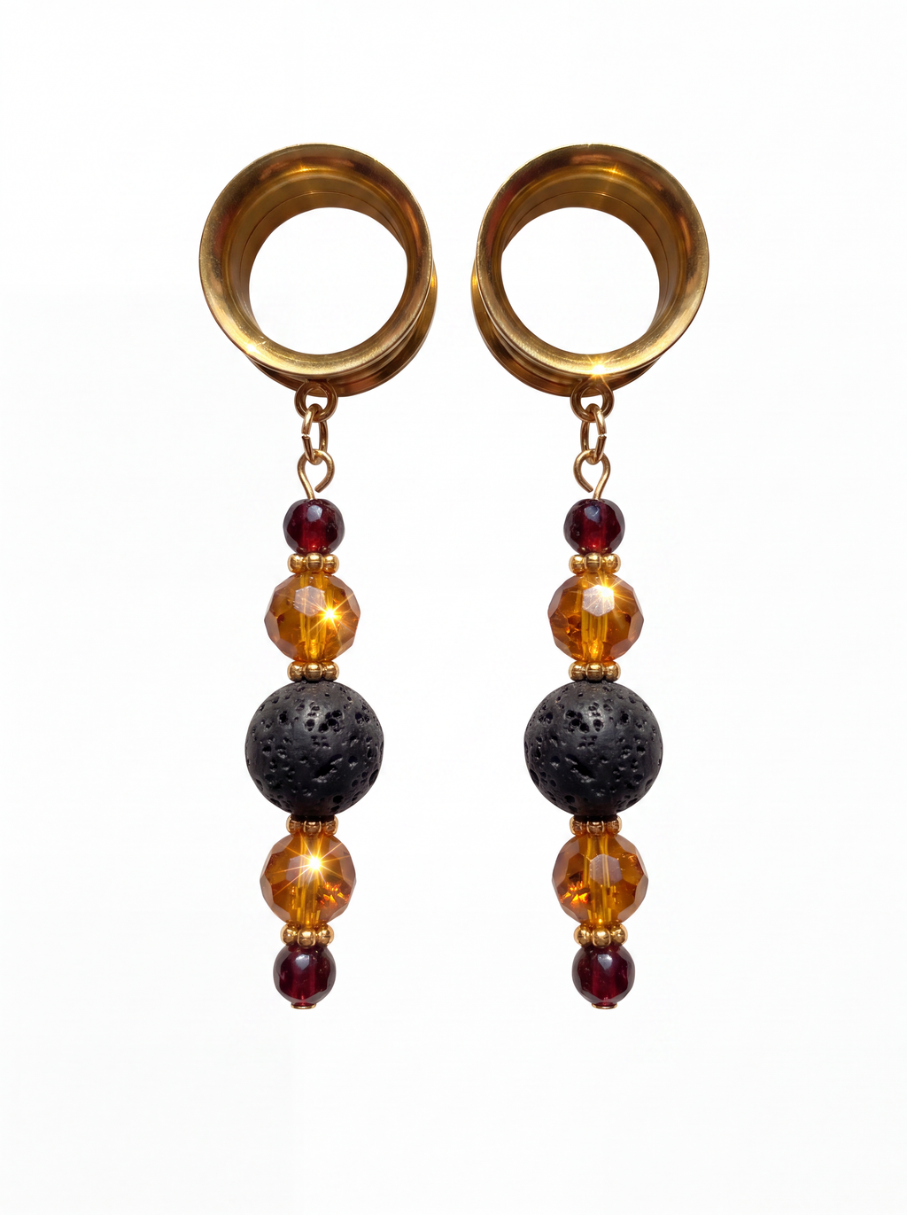 IGRAINE - écarteurs dorés ambre, grenats, et pierres de lave 6mm à 38mm